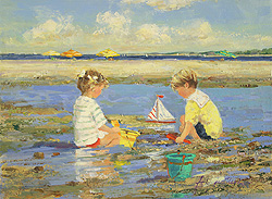 The Minnow Pool by Sally Swatland - 12 x 16 inches Signed; also signed and titled on the reverse impressionist beach scenes children playing contemporary american chase pothast 