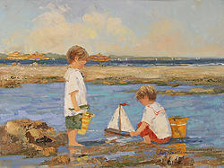 The New Sailboat by Sally Swatland - 12 x 16 inches Signed; also signed and titled on the reverse impressionist beach scenes children playing contemporary american chase pothast 