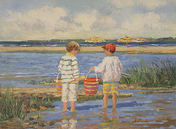 Sand Crab Collection by Sally Swatland - 12 x 16 inches Signed; also signed and titled on the reverse impressionist beach scenes children playing contemporary american chase pothast 