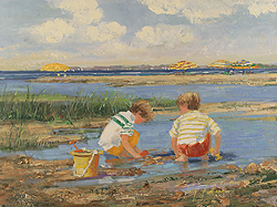 Watching Minnows by Sally Swatland - 12 x 16 inches Signed; also signed and titled on the reverse impressionist beach scenes children playing contemporary american chase pothast 