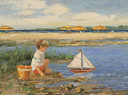Catching the Breeze by Sally Swatland - 12 x 16 inches Signed; also signed and titled on the reverse impressionist beach scenes children playing contemporary american chase pothast 