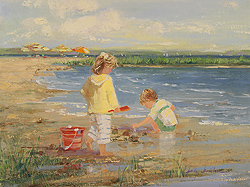 A Good Catch by Sally Swatland - 12 x 16 inches Signed; also signed and titled on the reverse impressionist beach scenes children playing contemporary american chase pothast 