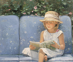 A Quiet Corner by Sally Swatland - 20 x 24 inches Signed impressionist reading children playing contemporary american chase pothast 