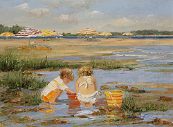 Beach Days by Sally Swatland - 12 x 16  inches Signed; also signed and titled on the reverse impressionist beach scenes children playing contemporary american chase pothast 