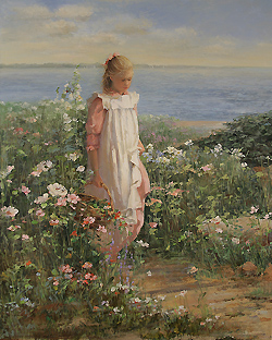The Path Up From the Beach by Sally Swatland - 30 x 24 inches Signed; also signed and titled on the reverse garden children  impressionist children playing contemporary  