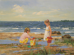 Low Tide, Old Greenwich by Sally Swatland - 12 x 16 inches Signed; also signed and titled on the reverse impressionist beach scenes children playing contemporary american chase pothast 
