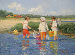 Minnow Catchers by Sally Swatland - 12 x 16 inches Signed; also signed and titled on the reverse impressionist beach scenes children playing contemporary american chase pothast 