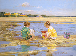 A Day at Shelter Island by Sally Swatland - 12 x 16 inches Signed; also signed and titled on the reverse impressionist beach scenes children playing contemporary american chase pothast 