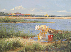 By the Water's Edge by Sally Swatland - 12 x 16 inches Signed; also signed and titled on the reverse impressionist beach scenes children playing contemporary american chase pothast 