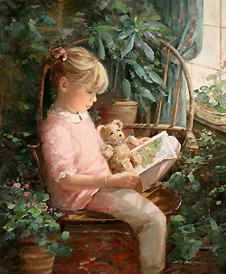 Reading with 'Oatmeal' by Sally Swatland - 24 x 20 inches Signed; also signed and titled on the reverse impressionist reading children playing contemporary american chase pothast 