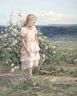 Summer Hollyhocks by Sally Swatland - 30 x 24 inches Signed; also signed and titled on the reverese garden children impressionist beach flowers contemporary  