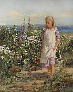 August Delphiniums by Sally Swatland - 30 x 24 inches Signed; also signed and titled on the reverse garden children impressionist beach flowers contemporary  