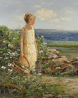 Gathering Wildflowers by Sally Swatland - 30 x 24 inches Signed; also signed and titled on the reverse garden children impressionist beach flowers contemporary  