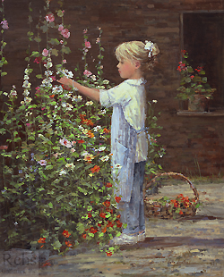 The Young Gardener by Sally Swatland - 30 x 24 inches Signed; also signed and titled on the reverse garden children impressionist flowers contemporary  