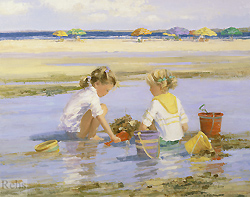 Building a Sand Castle by Sally Swatland - 16 x 20 inches Signed; also signed and titled on the reverse beach scene children summer girls 