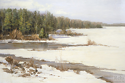 Winter Gray by Sally Swatland - 24 x 36 inches Signed; also signed and titled on the reverse american contemporary winter snow new england landscapes 