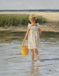 By the Shore by Sally Swatland - 17 3/4 x 13 3/4 inches Signed; also signed and titled on the reverse american contemporary children beach genre figures 