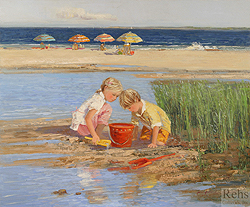 Watching the Sand Crabs by Sally Swatland - 20 x 24 inches Signed; also signed and titled on the reverse contemporary american children boy girl beach impressionist 