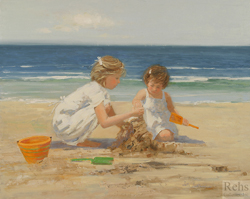 Playing in the Sand by Sally Swatland - 16 x 20 inches Signed; also signed and titled on the reverse contemporary american children beach ocean genre figures figurative 