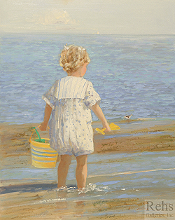 The Little Sandpiper by Sally Swatland - 20 x 16 inches Signed; also signed and titled on the reverse american contemporary genre figureative beach water children 