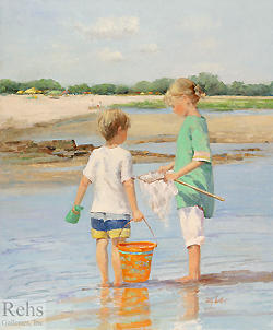 The Little Minnow by Sally Swatland - 24 x 20 inches Signed; also signed and titled on the reverse american contemporary genre figureative beach water children 