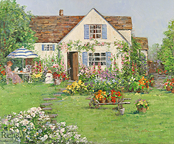 The Cottage by Sally Swatland - 20 x 24 inches Signed; also signed and titled on the reverse american contemporarycottage garden landscape flowers 