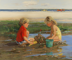 Help with the Sandcastle by Sally Swatland - 20 x 24 inches Signed; also signed and titled on the reverse contemporary american children neach ocean 