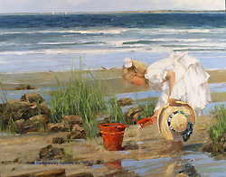 Near the Shoreline by Sally Swatland - 24 x 30 inches Signed mpressionist beach scenes children playing contemporary american chase pothast 