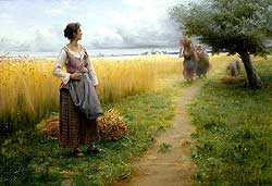 Coming in From the Fields by Georges Fran�ois P. Laug�e - 15 x 22 inches Signed french realism genre figurative peasants figures haymaking 
