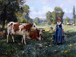 Laitiere Gardant ses Vaches by Julien Dupr� - 17 1/2 x 23 3/4 inches Signed French realist French academic paris salon exhibitor 19th century realism cows vaches farm workers peasants working tending animals bucolic scenes 