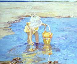 Reflections by Sally Swatland - 20 x 24 inches Signed impressionist beach scenes children playing contemporary american chase pothast 