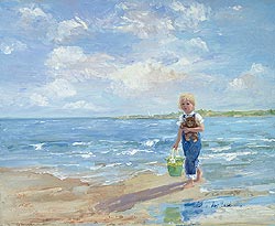 Morning Walk by Sally Swatland - 14 x 17 inches Signed impressionist beach scenes children playing contemporary american chase pothast 