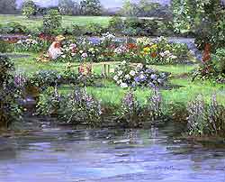 The Garden at Newbury by Sally Swatland - 26 x 32 inches Signed garden children ponds impressionist beach scenes children playing contemporary a 