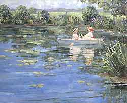 Pond at Riversville Road by Sally Swatland - 26 x 32 inches Signed garden children ponds impressionist beach scenes children playing contemporary a 