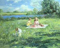 Spring Picnic by Sally Swatland - 26 x 32 inches Signed garden children ponds impressionist children playing contemporary american 