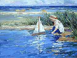 Sailing in the Cove by Sally Swatland - 12 x 16 inches Signed; also signed and titled on the reverse impressionist beach scenes children playing contemporary american chase pothast 