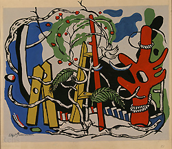 The Garden by Ugo Omleto Giannini - 11 3/4 x 17 inches Estate Stamped and dated '51 american abstract leger 