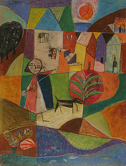 Enchanted Village by Ugo Omleto Giannini - 25 1/2 x 19 3/4 inches Signed and dated 1949 abstract landscape figures dog klee leger 
