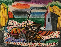 Boats by Ugo Omleto Giannini - 18 3/4 x 23 7/8 inches Signed landscape boats coastal 