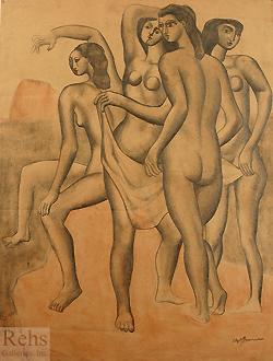 Bathers by Ugo Omleto Giannini - 25 3/4 x 19 3/4 inches Estate Stamped figure nudes picasso matisse drawings 