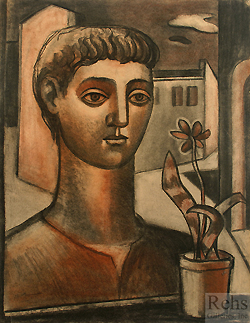 Man with Potted Plant by Ugo Omleto Giannini - 25 1/4 x 19 5/8 inches Estate Stamped figure de chirico matisse drawings 