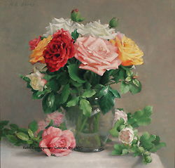 Roses and a Double Hollyhock