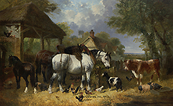 Horses, Goat, Cow, Pigs and Poultry in a Farmyard