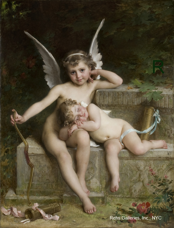 A pair of cherubs with bows, one asleep with their head on the other's lap