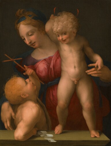 A painting of a person and two childrenDescription automatically generated
