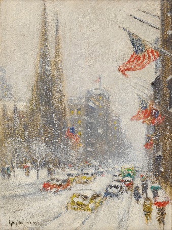 St. Patrick's cathedral in winter with American flags and cars
