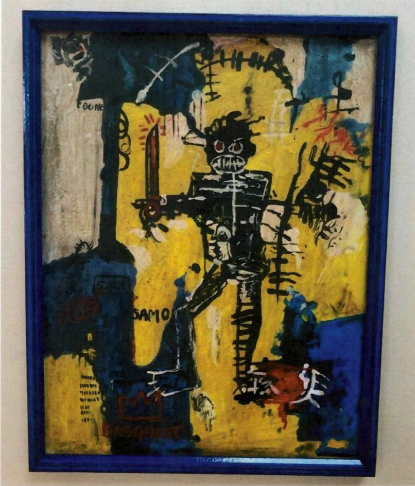 a fake Basquiat with a man holding a swordDescription automatically generated