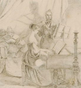 a drawing of a man and woman playing music