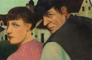 A painting sold at Sotheby's Paris by Gustave van de Woestyne showing a man and woman looking over their shoulders against houses in the background