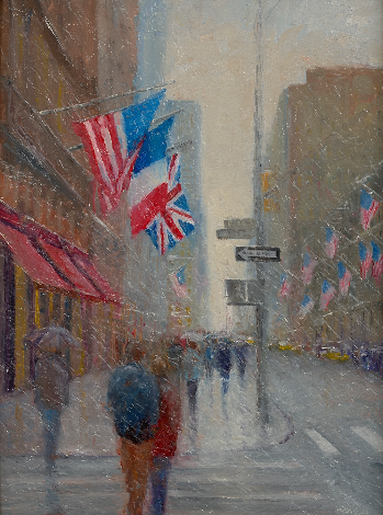 New York City street in the rain with flags